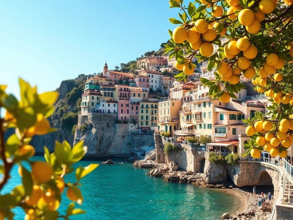 Pastellfargede hus i Positano på Amalfikysten med sitrontrær