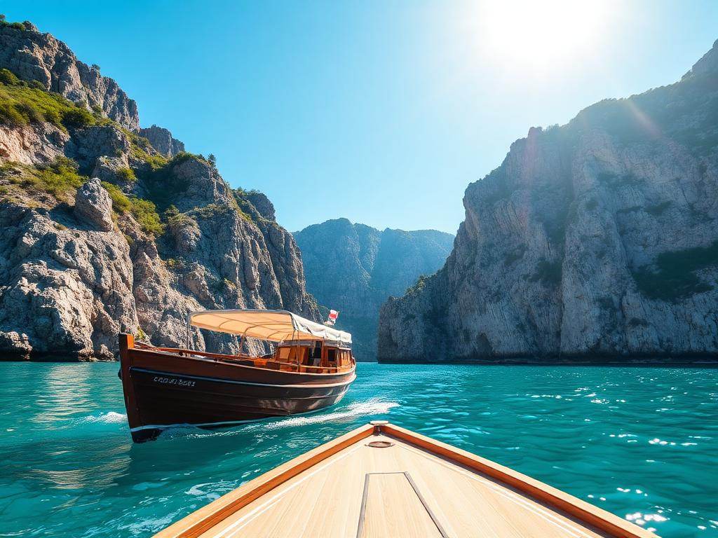 Trebåt på turkist vann langs klippene ved Amalfikysten