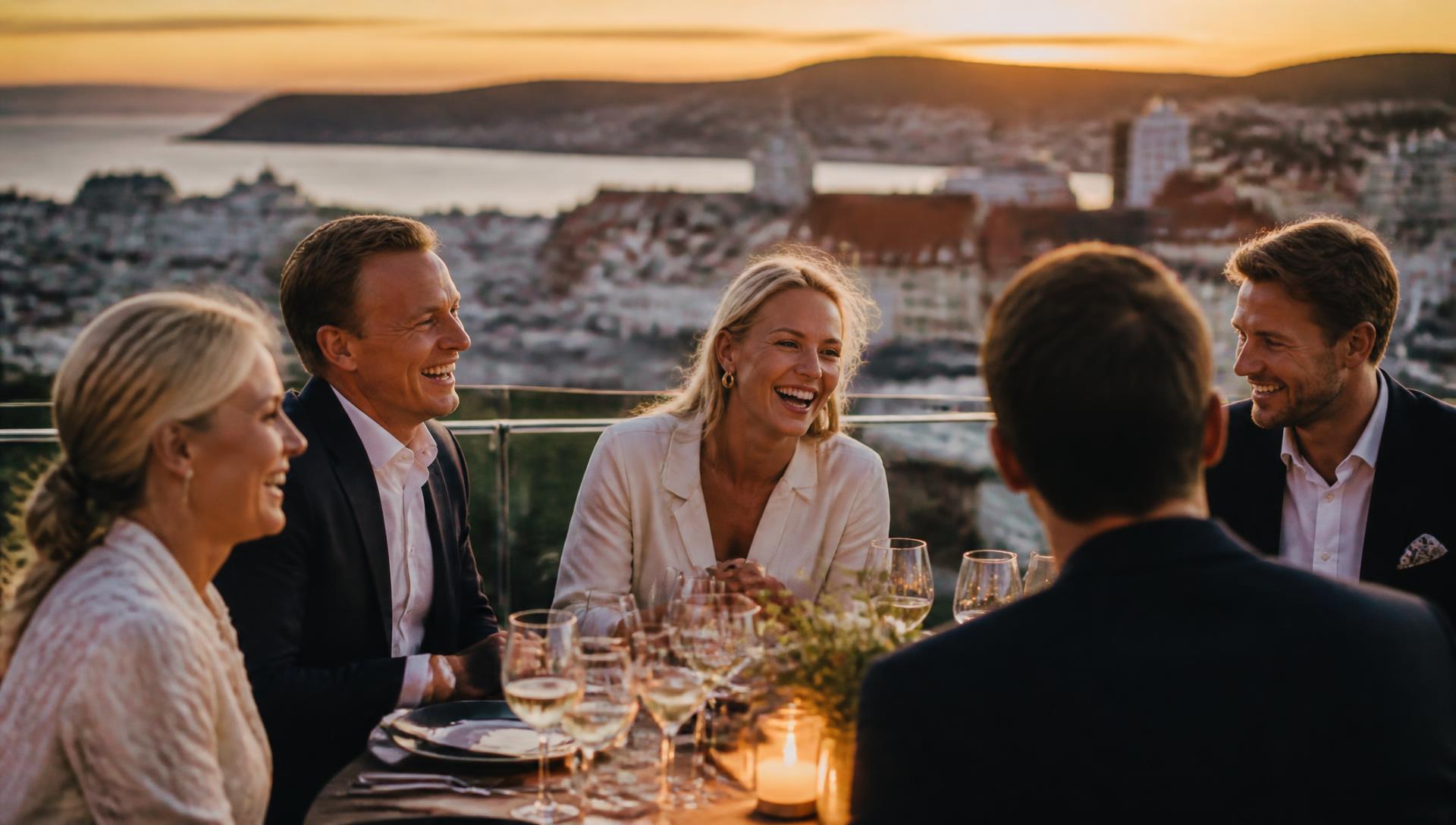 Kolleger på firmatur som spiser middag med utsikt over en europeisk by i solnedgang