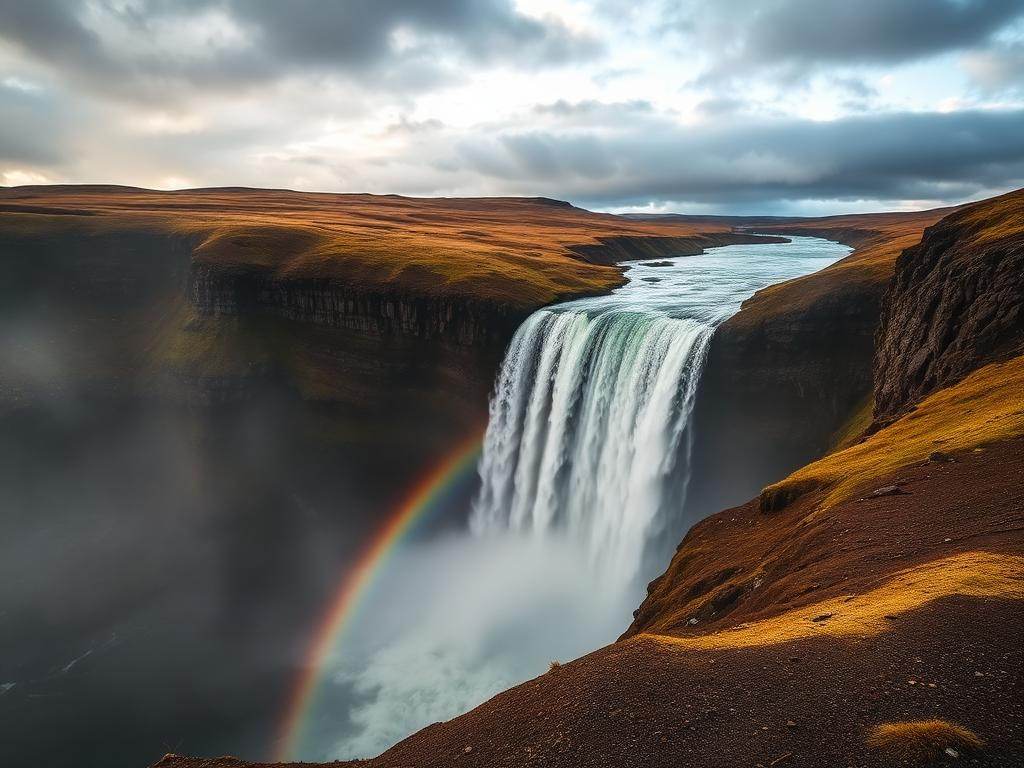 Fossen Gullfoss på Island med regnbue i fossefallet