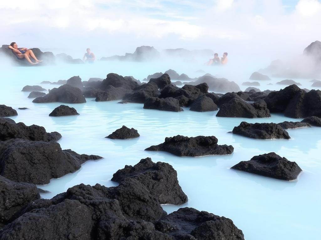 Blue Lagoon geotermisk spa med turkis vann og lavastein