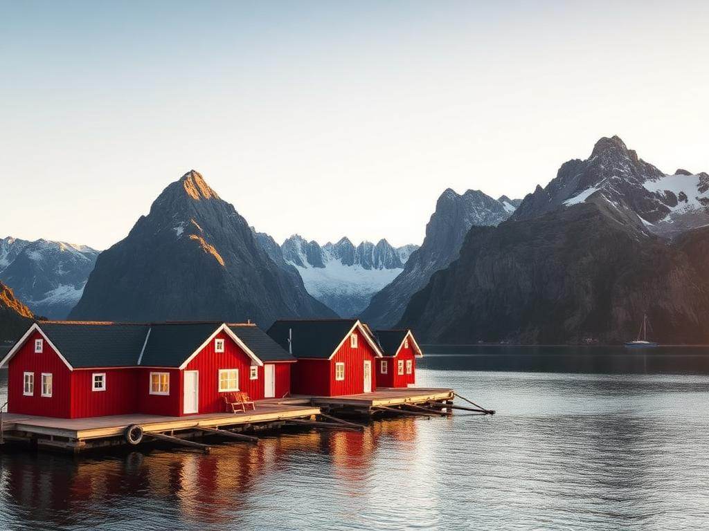 Røde rorbuer i Reine i Lofoten med fjelltopper bak