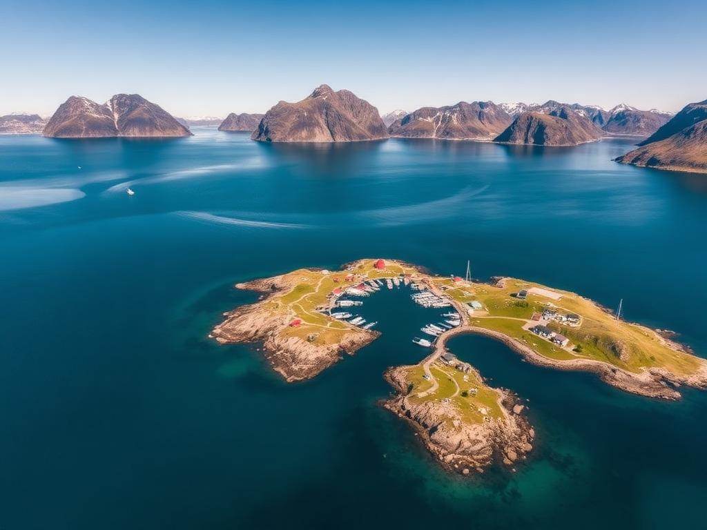 Henningsvær i Lofoten sett ovenfra, omgitt av dypblått hav