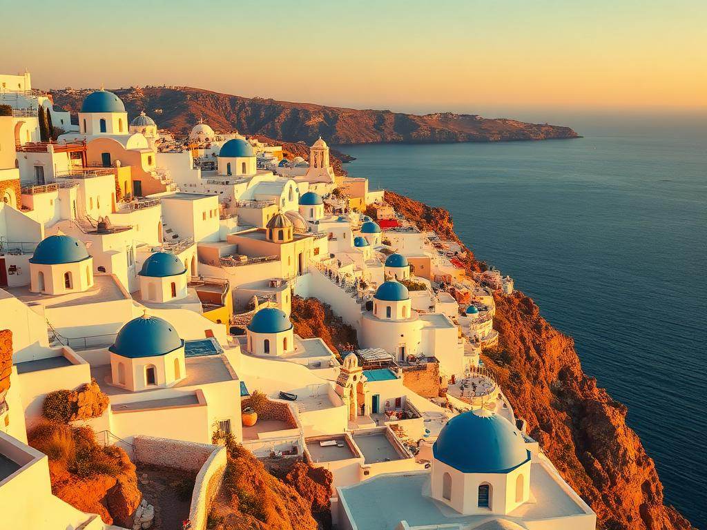 Hvite hus og blå kupler i Oia på Santorini i solnedgang
