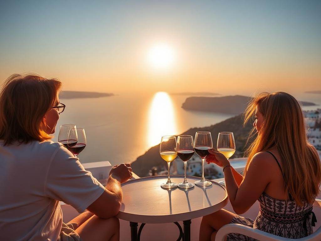 Vinsmaking med utsikt over calderaen på Santorini