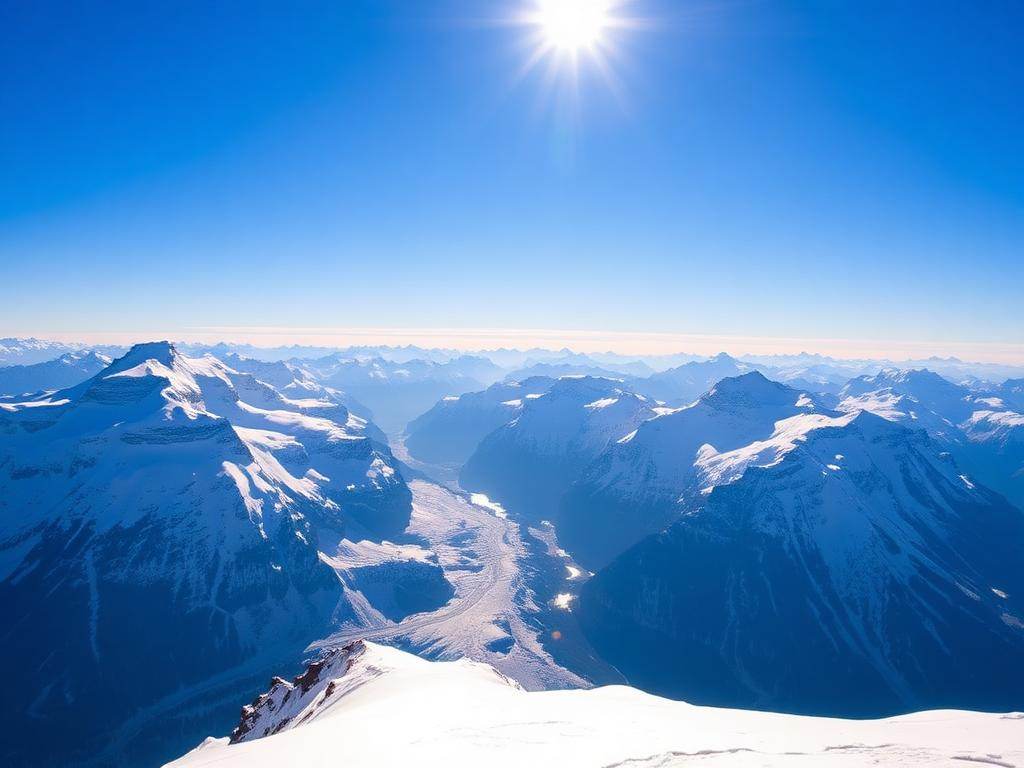 Snødekte alpetopper og isbre ved Jungfraujoch i Sveits