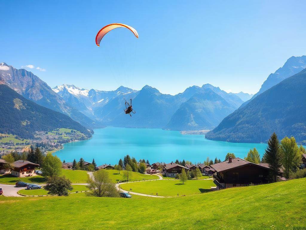 Turkis innsjø og grønne enger ved Interlaken i Sveits